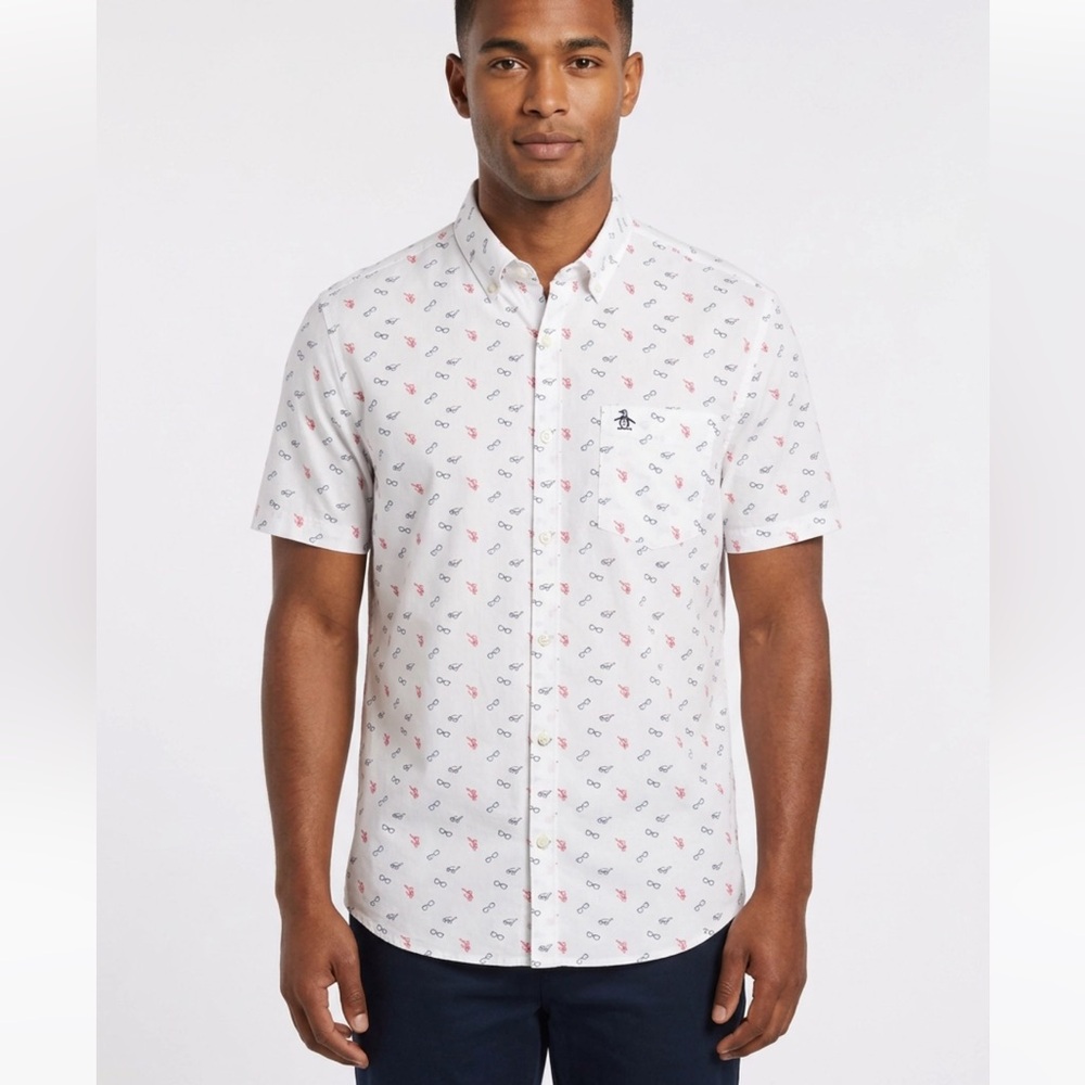 Original Penguin 100% COTTON Short Sleeve Shirt LARGE sunglasses print blue red